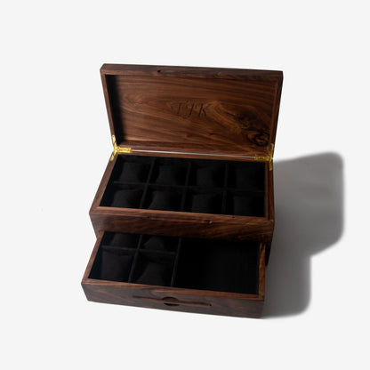 Watch Box with Drawer - Solid Black Walnut - 12 to 16 Watch Compartments - Hooyah Woodworks LLC