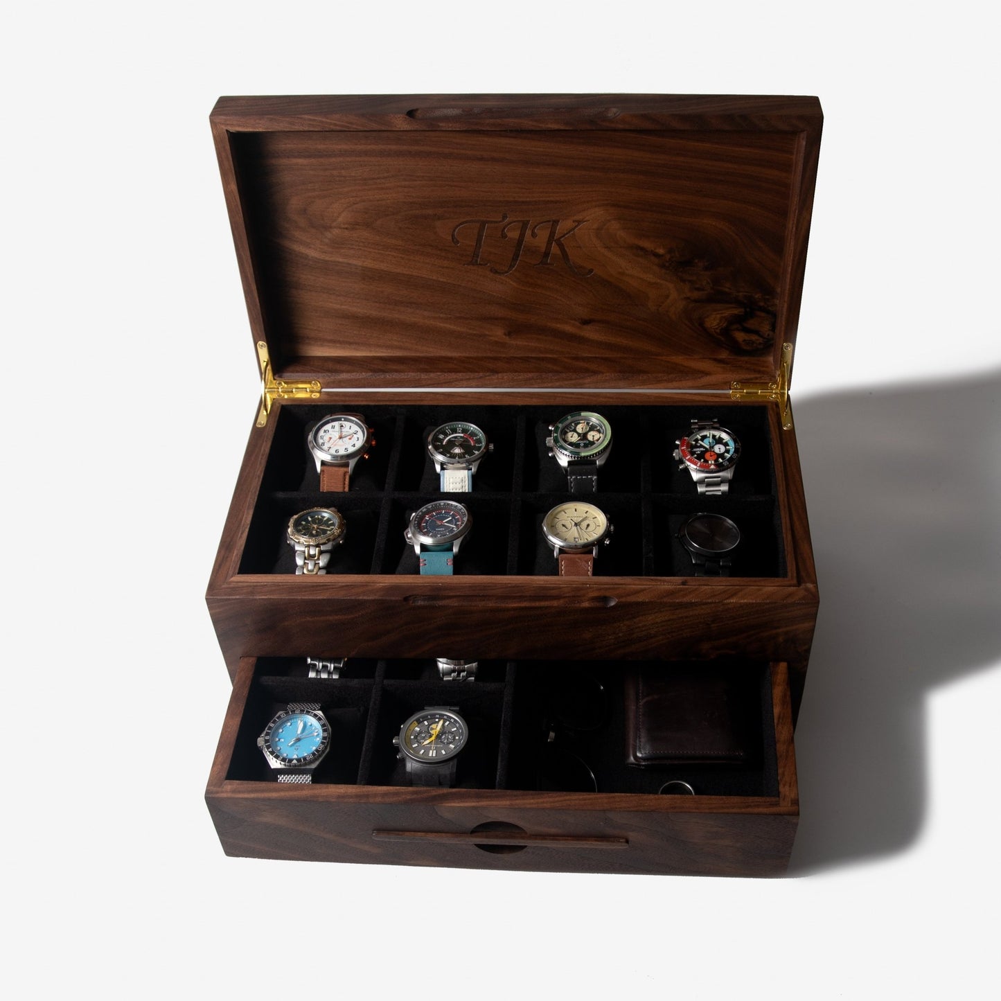 Watch Box with Drawer - Solid Black Walnut - 12 to 16 Watch Compartments - Hooyah Woodworks LLC