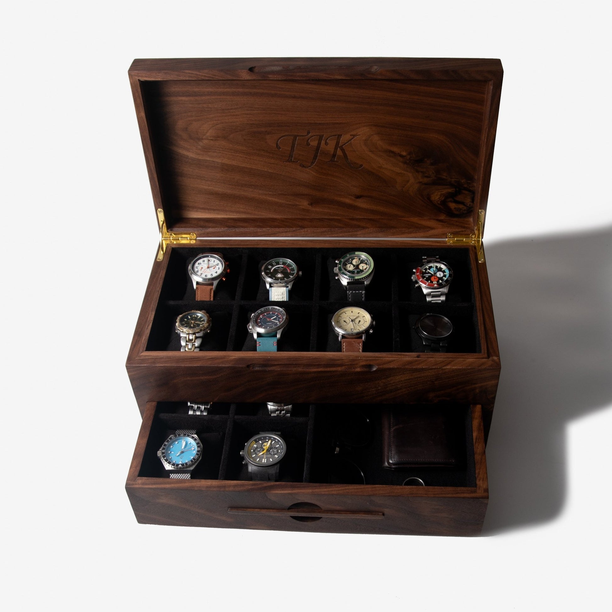 Watch Box with Drawer - Solid Black Walnut - 12 to 16 Watch Compartments - Hooyah Woodworks LLC