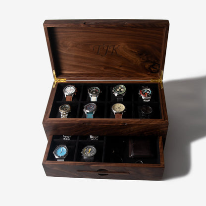 Watch Box with Drawer - Solid Black Walnut - 12 to 16 Watch Compartments - Hooyah Woodworks LLC