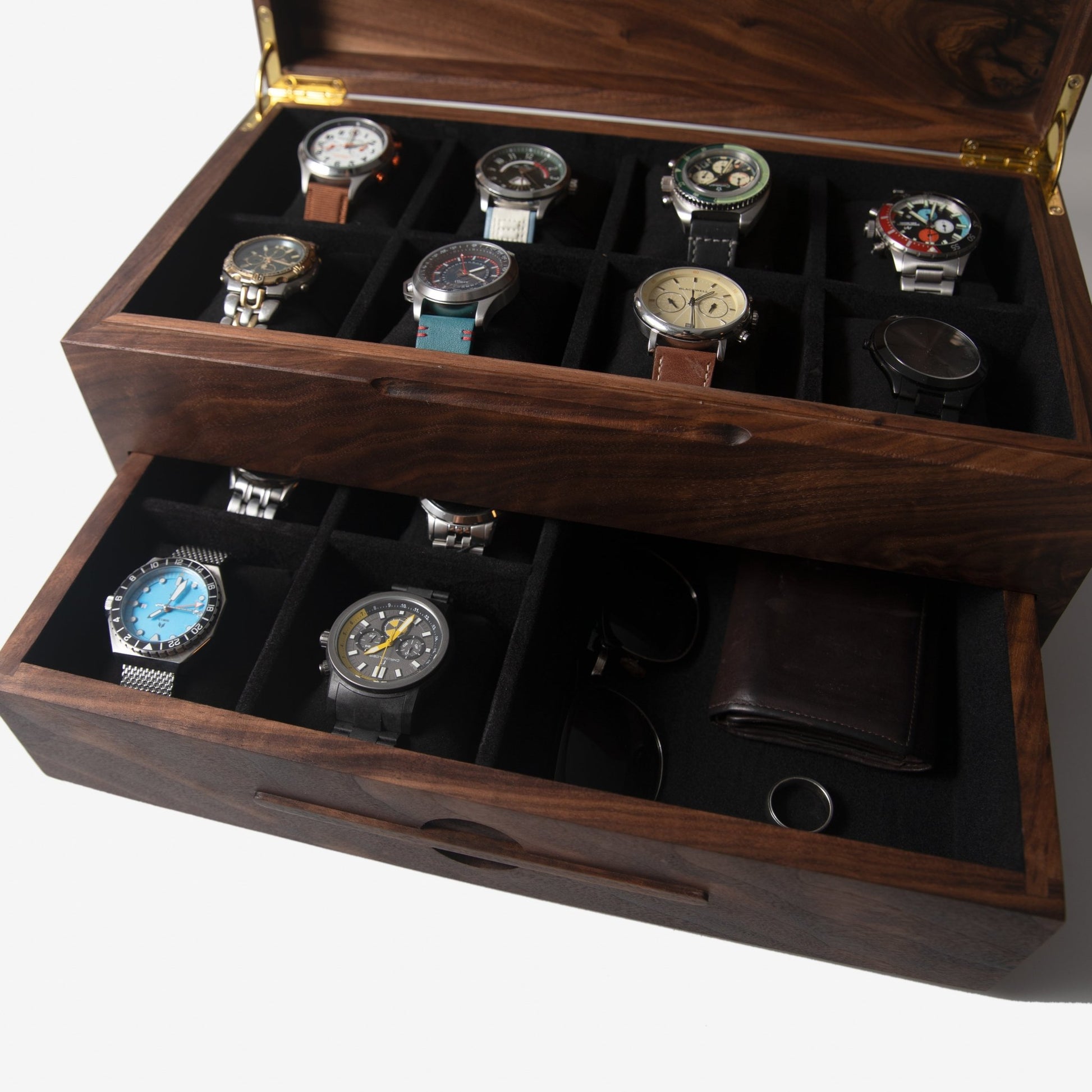 Watch Box with Drawer - Solid Black Walnut - 12 to 16 Watch Compartments - Hooyah Woodworks LLC