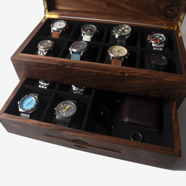 Watch Box with Drawer - Solid Black Walnut - 12 to 16 Watch Compartments - Hooyah Woodworks LLC
