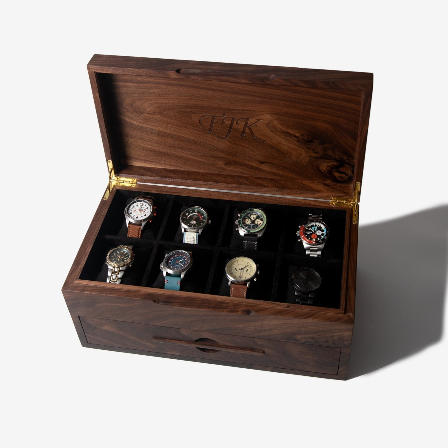 Watch Box with Drawer - Solid Black Walnut - 12 to 16 Watch Compartments - Hooyah Woodworks LLC