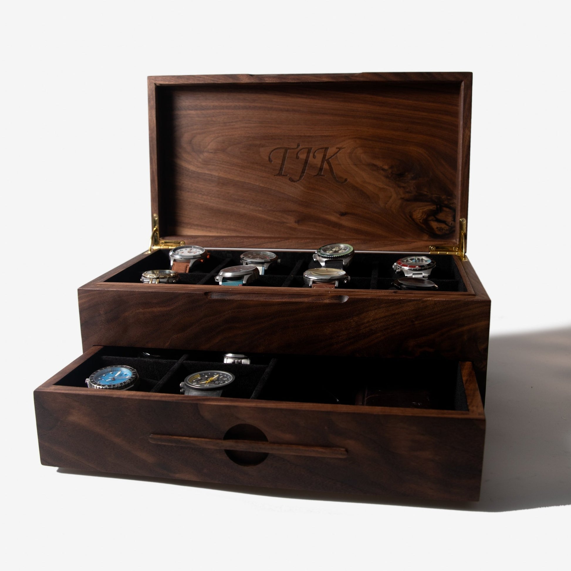 Watch Box with Drawer - Solid Black Walnut - 12 to 16 Watch Compartments - Hooyah Woodworks LLC