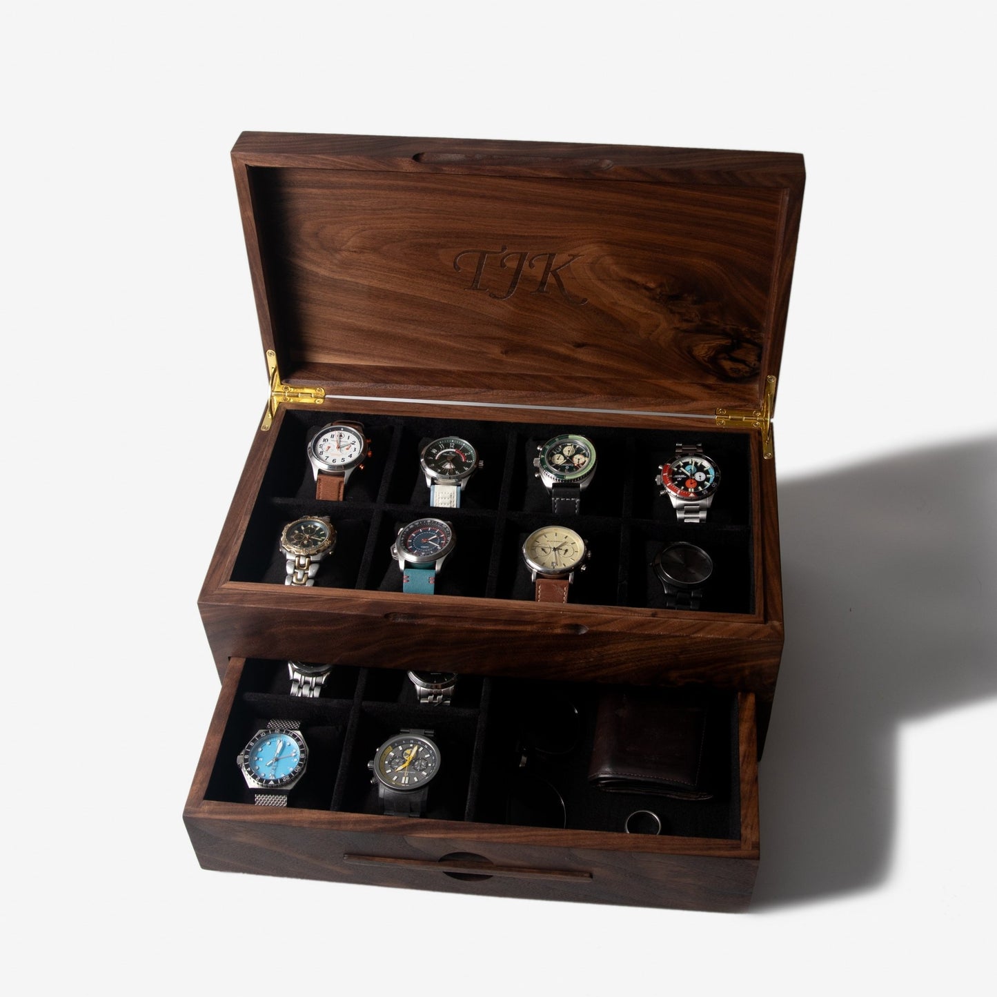 Watch Box with Drawer - Solid Black Walnut - 12 to 16 Watch Compartments - Hooyah Woodworks LLC