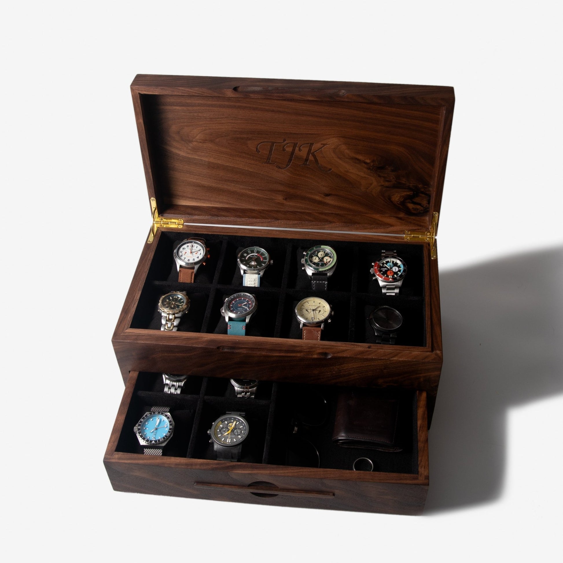 Watch Box with Drawer - Solid Black Walnut - 12 to 16 Watch Compartments - Hooyah Woodworks LLC