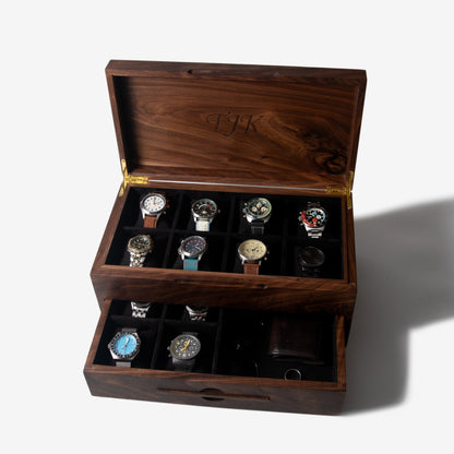 Watch Box with Drawer - Solid Black Walnut - 12 to 16 Watch Compartments - Hooyah Woodworks LLC